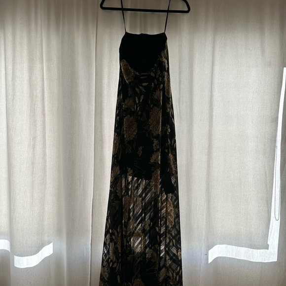 Bcbg strapless maxi gown. Black with green and gold large print. Size S fits S-M - Picture 3 of 7